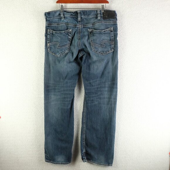 Silver Jeans Mens 38x32 Blue Zac Relaxed Bootcut Stone Wash Whiskers Y2K - Picture 4 of 11